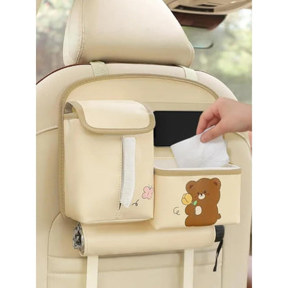 Geanta Multifunctionala de Depozitare, Flippy, pentru Bancheta din Spate a Masinii, Animat, Model Ursuleti, Scris Good Day, Suport Servetele si Telefon, 25x31 cm, Bej-6