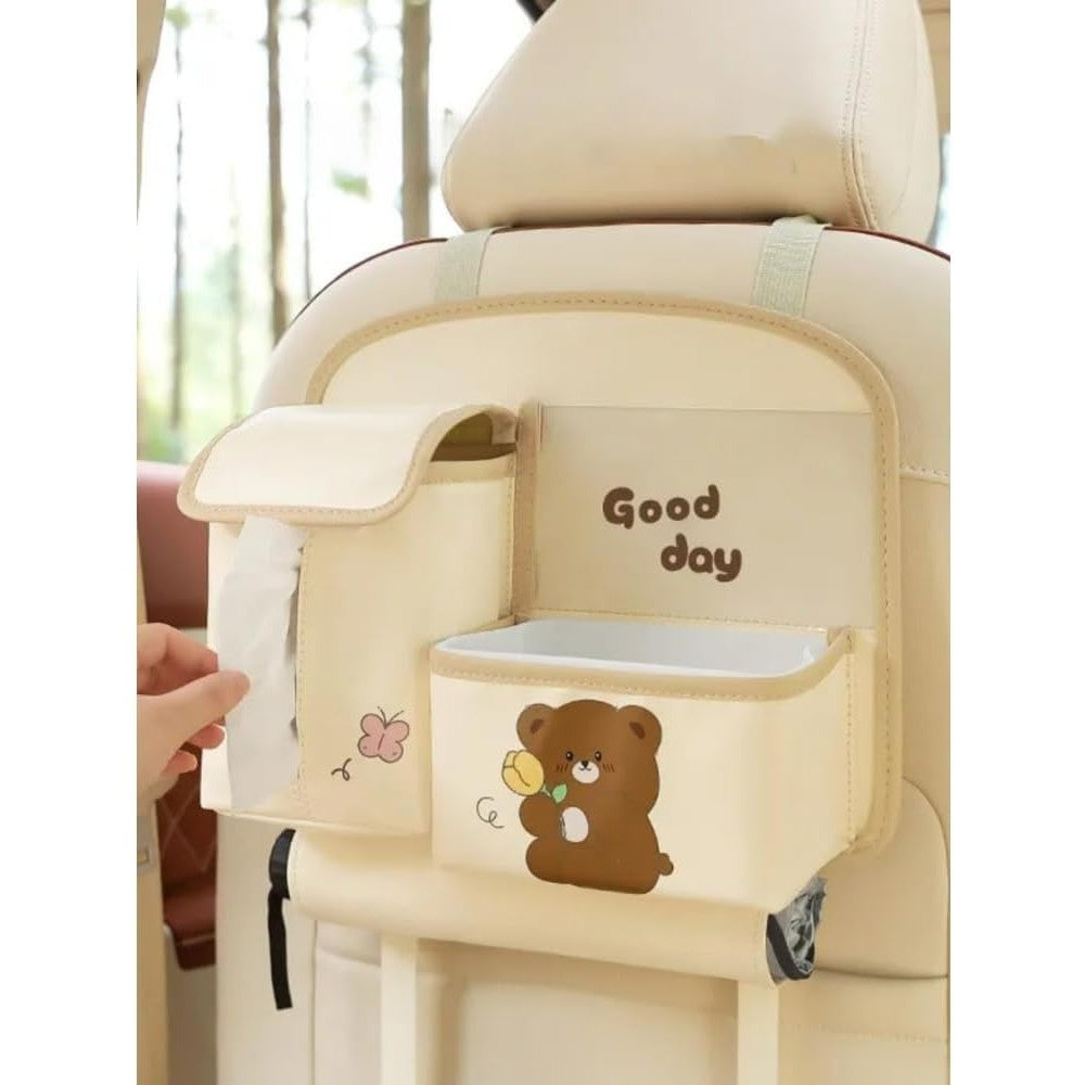 Geanta Multifunctionala de Depozitare, Flippy, pentru Bancheta din Spate a Masinii, Animat, Model Ursuleti, Scris Good Day, Suport Servetele si Telefon, 25x31 cm, Bej-7