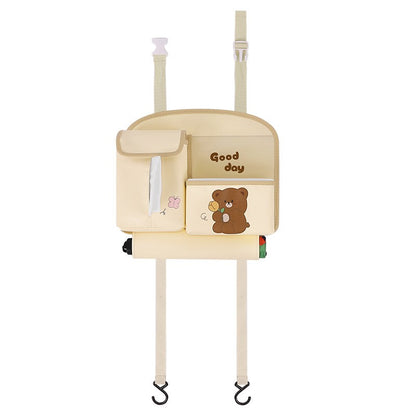 Geanta Multifunctionala de Depozitare, Flippy, pentru Bancheta din Spate a Masinii, Animat, Model Ursuleti, Scris Good Day, Suport Servetele si Telefon, 25x31 cm, Bej-9