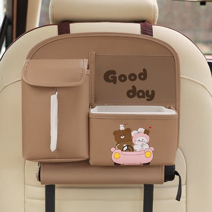Geanta Multifunctionala de Depozitare, Flippy, pentru Bancheta din Spate a Masinii, Animat, Model Ursuleti, Scris Good Day, Suport Servetele si Telefon, 25x31 cm, Maro-3
