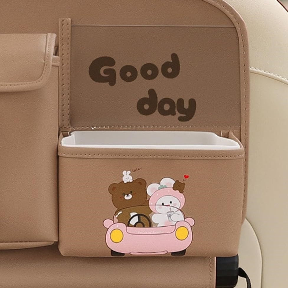 Geanta Multifunctionala de Depozitare, Flippy, pentru Bancheta din Spate a Masinii, Animat, Model Ursuleti, Scris Good Day, Suport Servetele si Telefon, 25x31 cm, Maro-5