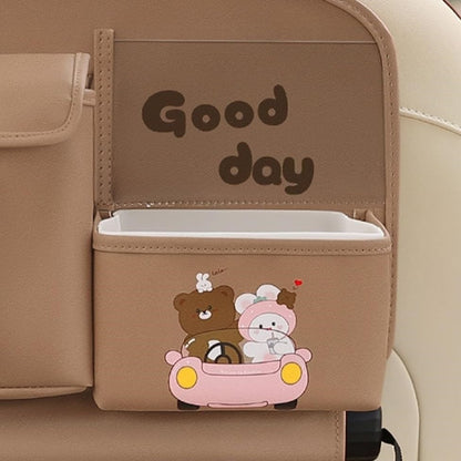 Geanta Multifunctionala de Depozitare, Flippy, pentru Bancheta din Spate a Masinii, Animat, Model Ursuleti, Scris Good Day, Suport Servetele si Telefon, 25x31 cm, Maro-5