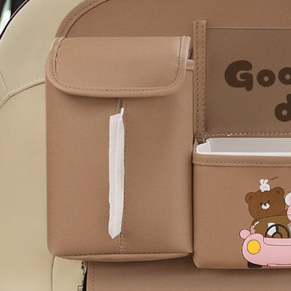 Geanta Multifunctionala de Depozitare, Flippy, pentru Bancheta din Spate a Masinii, Animat, Model Ursuleti, Scris Good Day, Suport Servetele si Telefon, 25x31 cm, Maro-6