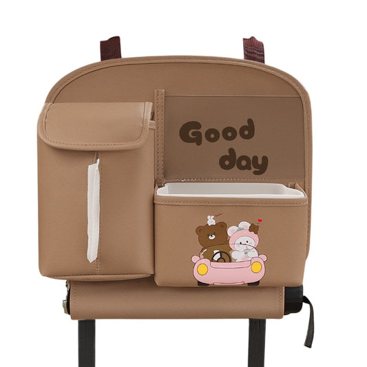 Geanta Multifunctionala de Depozitare, Flippy, pentru Bancheta din Spate a Masinii, Animat, Model Ursuleti, Scris Good Day, Suport Servetele si Telefon, 25x31 cm, Maro-0