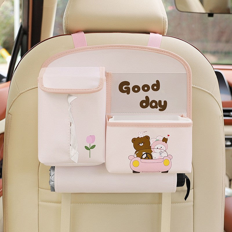 Geanta Multifunctionala de Depozitare, Flippy, pentru Bancheta din Spate a Masinii, Animat, Model Ursuleti, Scris Good Day, Suport Servetele si Telefon, 25x31 cm, Roz-4