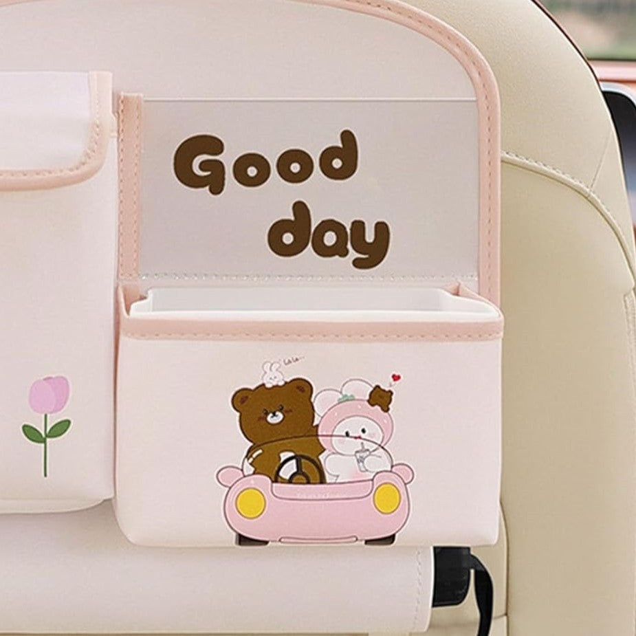 Geanta Multifunctionala de Depozitare, Flippy, pentru Bancheta din Spate a Masinii, Animat, Model Ursuleti, Scris Good Day, Suport Servetele si Telefon, 25x31 cm, Roz-6