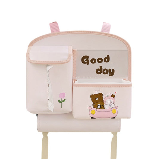 Geanta Multifunctionala de Depozitare, Flippy, pentru Bancheta din Spate a Masinii, Animat, Model Ursuleti, Scris Good Day, Suport Servetele si Telefon, 25x31 cm, Roz-0