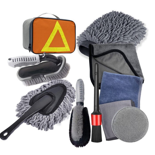 Set 10 Piese pentru Spalat Auto, Flippy, din Plastic si Microfibra, Perii si Lavete, Model C, Gri-0