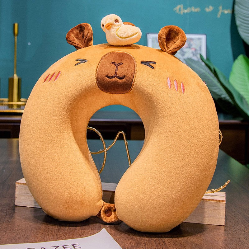 Perna de Calatorie in Forma de U, Flippy, Pentru Gat si Cap, Umplutura din Spuma cu Memorie, 30x30 cm, Model Capybara, Accesoriu de Voiaj, Birou, Masina, Sistem Prindere Capse, Maro-5