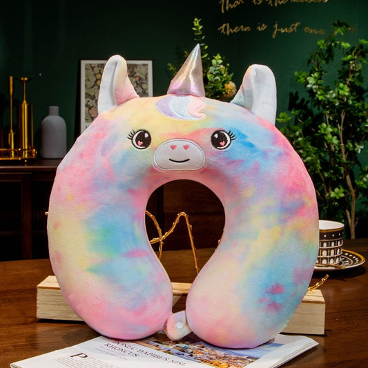 Perna de Calatorie in Forma de U, Flippy, Pentru Gat si Cap, Umplutura din Spuma cu Memorie, 30x30 cm, Model Unicorn, Accesoriu de Voiaj, Birou, Masina, Sistem Prindere Capse, Multicolor-1
