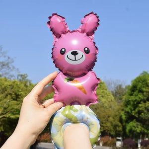Balon din Folie Metalizata, Flippy, Figurine Animalute, Tip Bratara, Model Iepuras, Ambalaj Individual, Pai Inclus, Umflare cu Aer sau Heliu, Roz-0