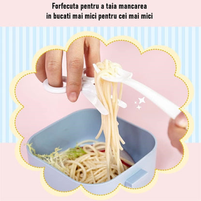 Caserola pentru copii Flippy, lunch box, 750 ml, doua boluri, lingura, foarfeca din plastic, rezistenta la scurgeri, Albastra-4