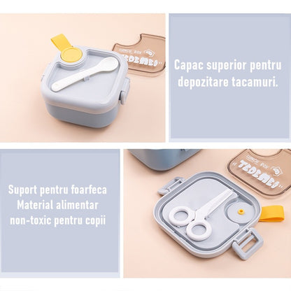 Caserola pentru copii Flippy, lunch box, 750 ml, doua boluri, lingura, foarfeca din plastic, rezistenta la scurgeri, Albastra-6