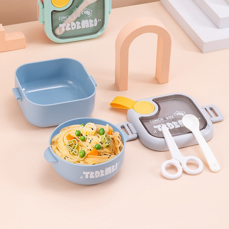 Caserola pentru copii Flippy, lunch box, 750 ml, doua boluri, lingura, foarfeca din plastic, rezistenta la scurgeri, Albastra-8