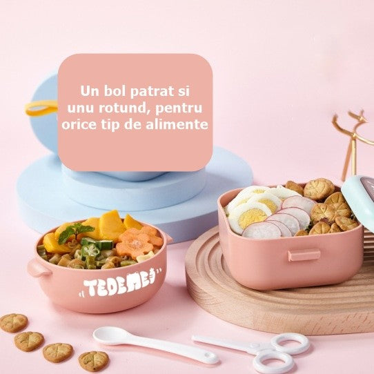 Caserola pentru copii Flippy, lunch box, 750 ml, doua boluri, lingura, foarfeca din plastic, rezistenta la scurgeri, Roz-2