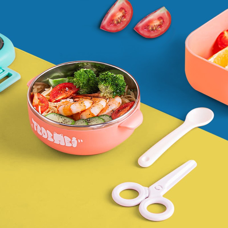 Caserola pentru copii Flippy, lunch box, 750 ml, doua boluri, lingura, foarfeca din plastic, rezistenta la scurgeri, Roz-9
