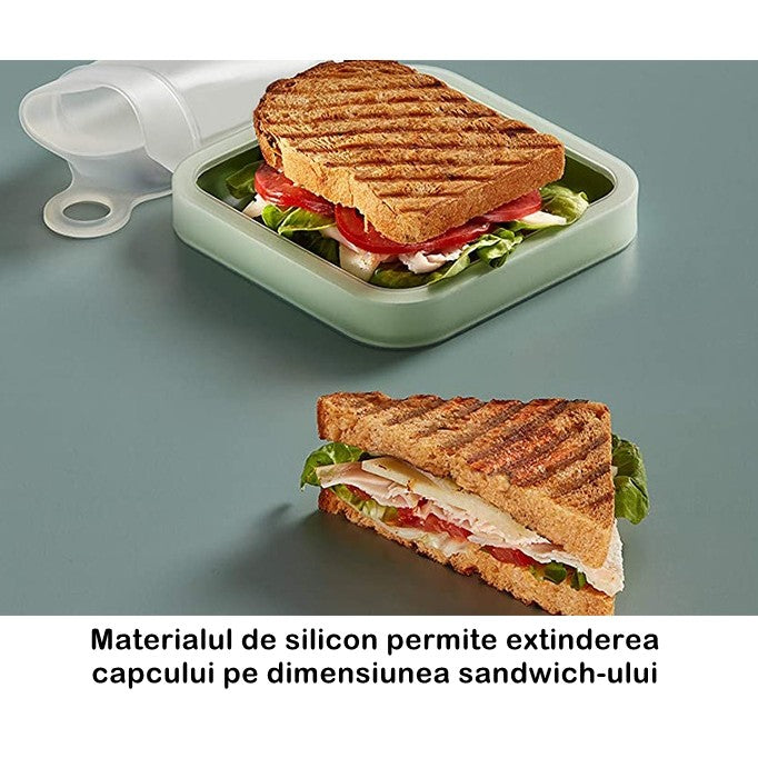 Caserola pentru sandwich Flippy, din silicon si polipropilena, portabil, usor de curatat, capac anti-scurgere, reutilizabil, 15.5 x 15.5 x 2.5 cm, verde-4