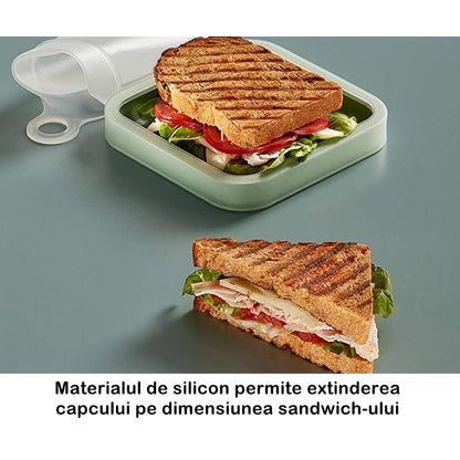 Caserola pentru sandwich Flippy, din silicon si polipropilena, portabil, usor de curatat, capac anti-scurgere, reutilizabil, 15.5 x 15.5 x 2.5 cm, verde-4