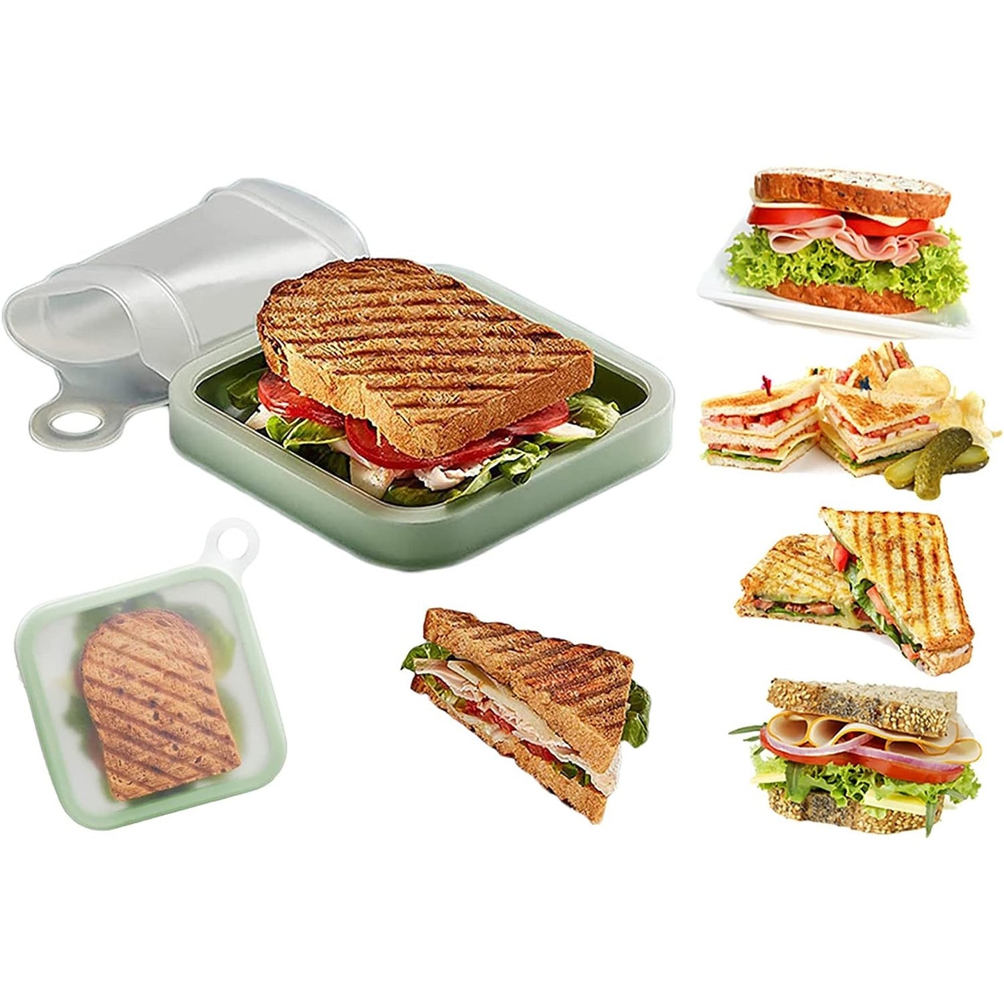 Caserola pentru sandwich Flippy, din silicon si polipropilena, portabil, usor de curatat, capac anti-scurgere, reutilizabil, 15.5 x 15.5 x 2.5 cm, verde-6