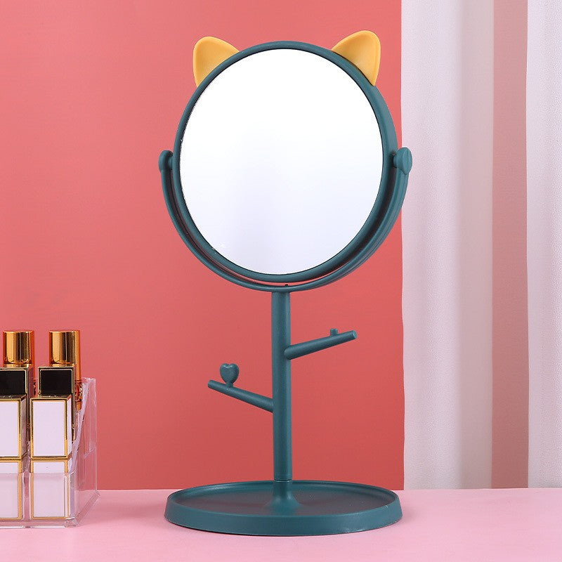 Oglina Cosmetica cu Picior, Flippy, HD, Rotire 360 Grade, 15 cm Diametru, Suport Bijuterii Baza Rotunda + 2 Brate, Model cu Urechi, 31 x 14.5 x 15 cm, din Plastic, Albastru/Galben-2
