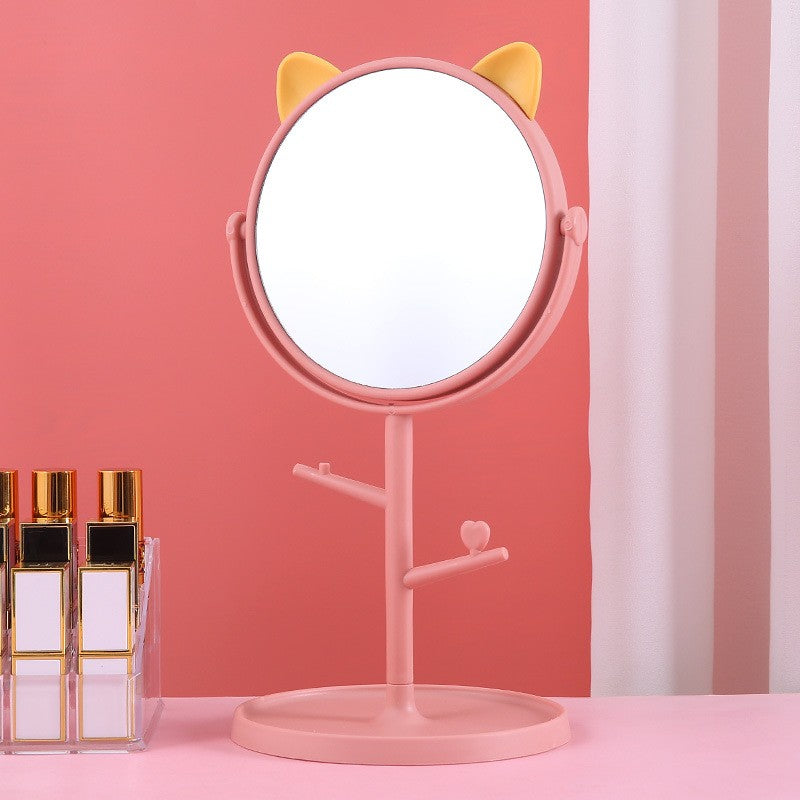 Oglina Cosmetica cu Picior, Flippy, HD, Rotire 360 Grade, 15 cm Diametru, Suport Bijuterii Baza Rotunda + 2 Brate, Model cu Urechi, 31 x 14.5 x 15 cm, din Plastic, Roz/Galben-1