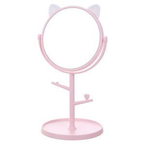 Oglina Cosmetica cu Picior, Flippy, HD, Rotire 360 Grade, 15 cm Diametru, Suport Bijuterii Baza Rotunda + 2 Brate, Model cu Urechi, 31 x 14.5 x 15 cm, din Plastic, Roz/Alb-0