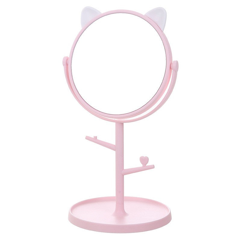 Oglina Cosmetica cu Picior, Flippy, HD, Rotire 360 Grade, 15 cm Diametru, Suport Bijuterii Baza Rotunda + 2 Brate, Model cu Urechi, 31 x 14.5 x 15 cm, din Plastic, Roz/Alb-0