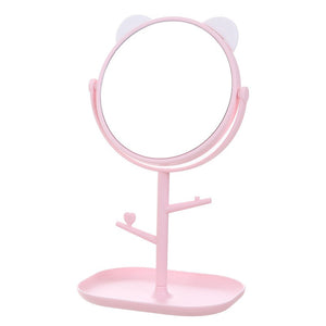 Oglina Cosmetica cu Picior, Flippy, HD, Rotire 360 Grade, 15 cm Diametru, Suport Bijuterii Baza + Brate, Model cu Urechi, 30 x 16.5 x 15 cm, Roz-0