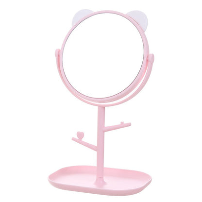 Oglina Cosmetica cu Picior, Flippy, HD, Rotire 360 Grade, 15 cm Diametru, Suport Bijuterii Baza + Brate, Model cu Urechi, 30 x 16.5 x 15 cm, Roz-0