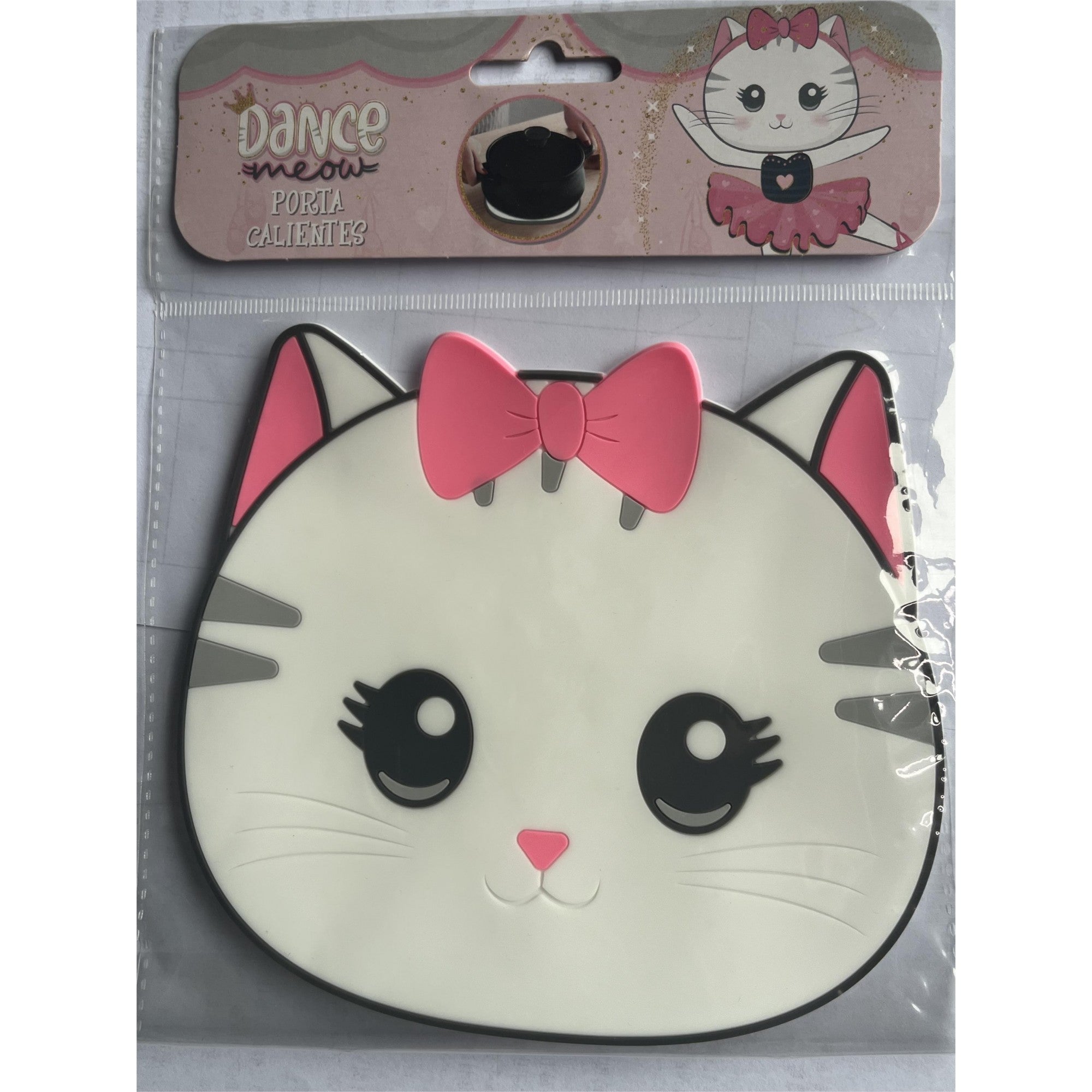 Suport pentru Pahar, Flippy, Model Pisicuta, PVC, Dimensiuni 15.5x15.5 cm, Alb/Roz-0