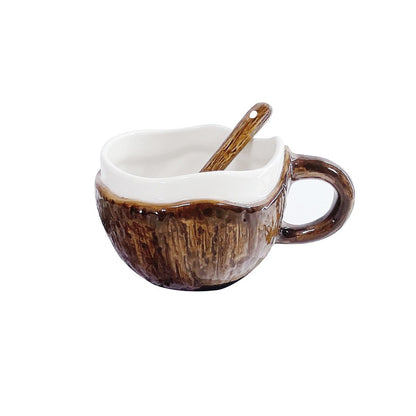 Cana din Ceramica, Flippy, 201-300 mL, cu Lingurita, Model Nuca de Cocos, Maro-0