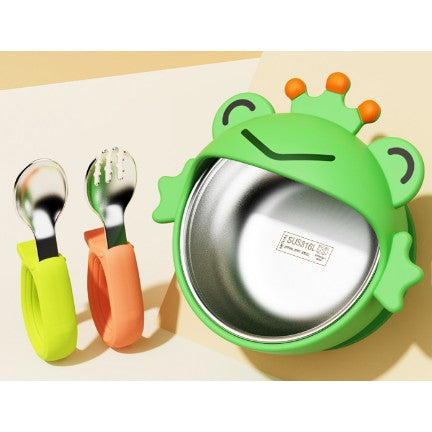Set 3 piese diversificare bebelusi si copii, Flippy, Bol, Lingura si Furculita, Model Broscuta, Verde-0