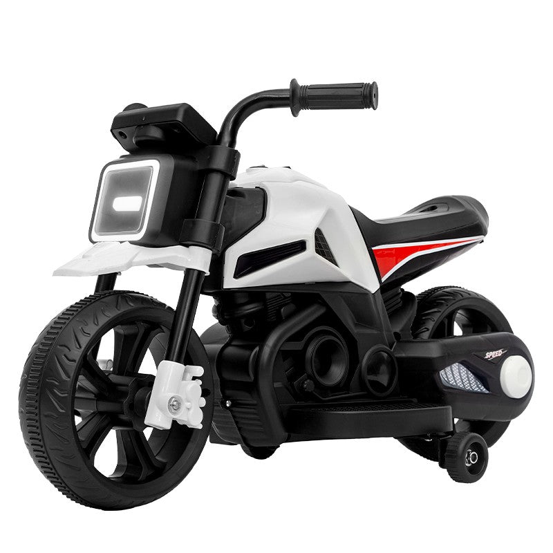 Motocicletă Electrică cu 2 Roti Mari si 2 Ajutatoare, Flippy, Acumulator Încarcare, Anti-Rasturnare, Lumini, Alb Negru-0