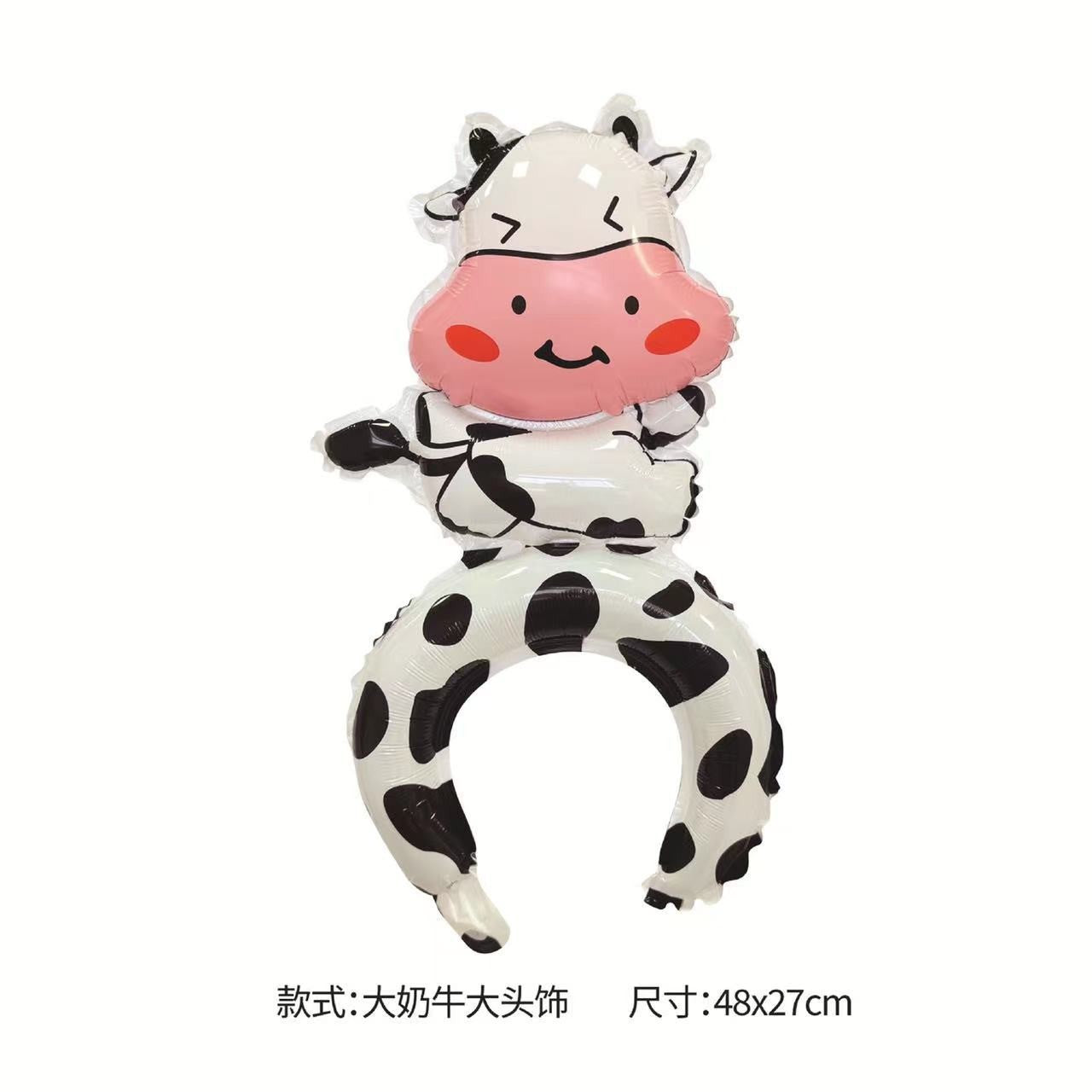 Balon din Folie Metalizata, Flippy, Figurine Animalute, Tip Coronita, Model Vacuta, Ambalaj Individual, Pai Inclus, Umflare cu Aer sau Heliu, Alb-Negru-0