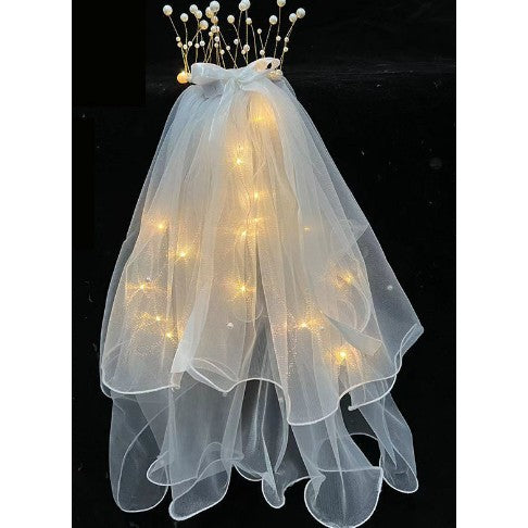 Voal Luminos pentru Copii, Flippy, Lumina Alb Cald, pentru Halloween, Cosplay, Craciun, Carnaval, Paste, Ziua Copilului, Bumbac/Poliester, Marime universala, cu Coronita, Alb-0