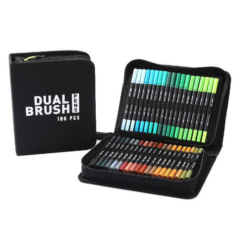 Set Carioci pe Baza de Apa, Flippy, 2 in 1, pentru Pictura, Caligrafie, 100 Culori, Penar Negru, Corp Carioca Negru, 23.5 x 19.5 x 7.5 cm, Multicolor-0