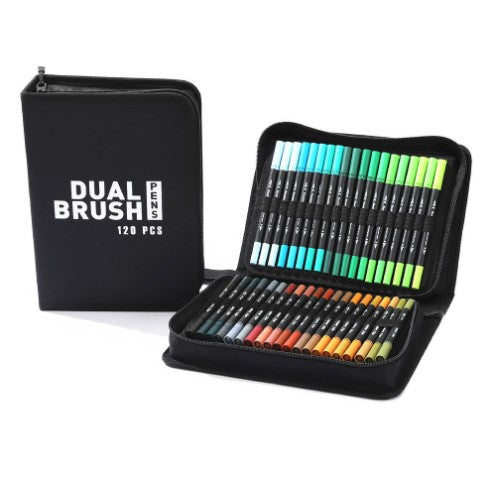Set Carioci pe Baza de Apa, Flippy, 2 in 1, pentru Pictura, Caligrafie, 120 Culori, Penar Negru, Corp Carioca Negru, 27.5 x 19.5 x 8 cm, Multicolor-0