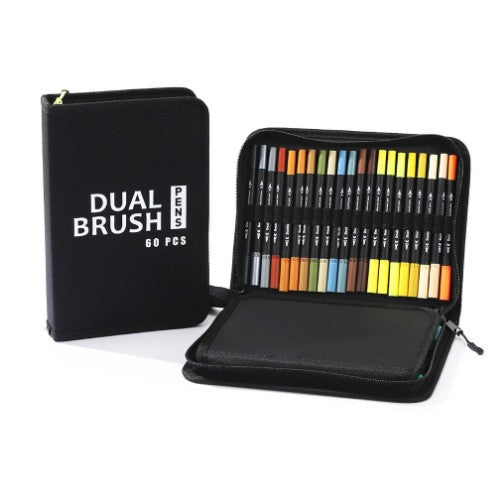 Set Carioci pe Baza de Apa, Flippy, 2 in 1, pentru Pictura, Caligrafie, 60 Culori, Penar Negru, Corp Carioca Negru, 26.5 x 17.5 x 4.5 cm, Multicolor-4