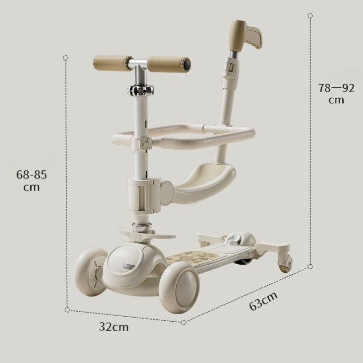 Trotineta Tip Carucior pentru Copii 7in1, Flippy, Pliabila, Ghidon Reglabil, Parti Detasabile, Lumini LED, Muzica, Suport pentru picioare, Alb-3