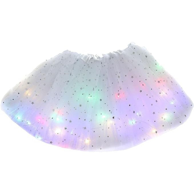 Fusta LED pentru Copii, Flippy, Tutu de Balet pentru Fetite cu Luminite Multicolore Incorporate, Model Stelute, 30 cm Lungime, Alb-0