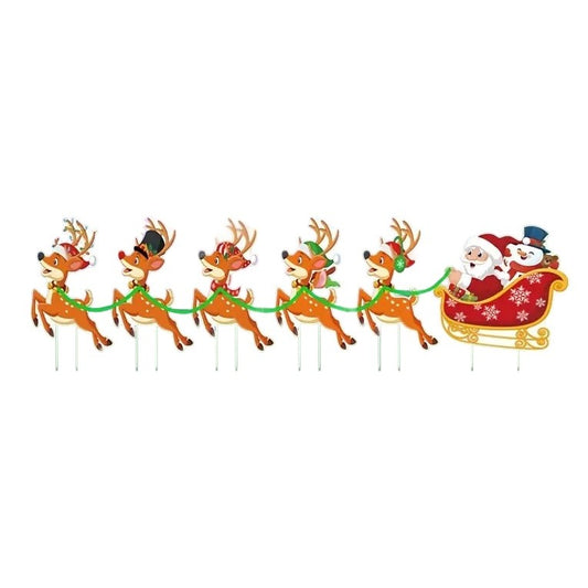 Decoratiune de Craciun, Flippy, pentru Gradina, Tip Trenulet, 6 Figurine + Bete de Infipt in Pamant, din Plastic, Impermeabil, Model Mos Craciun cu Renii, Multicolor-0