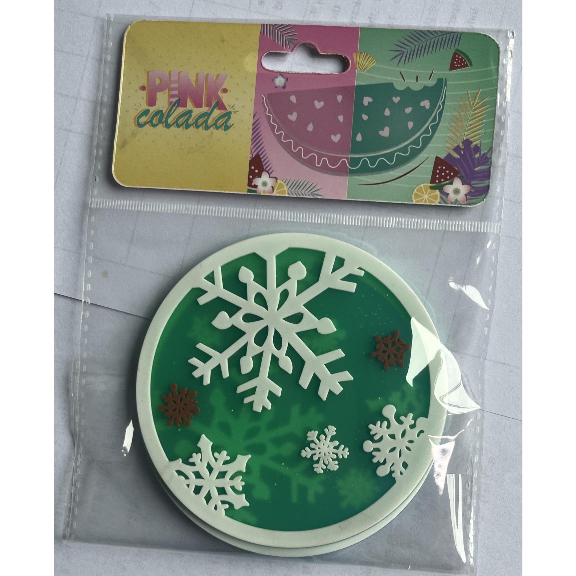 Suport pentru Pahar, Flippy, Model de Craciun Fulg de Nea, PVC, Diametru 10 cm, Verde-0