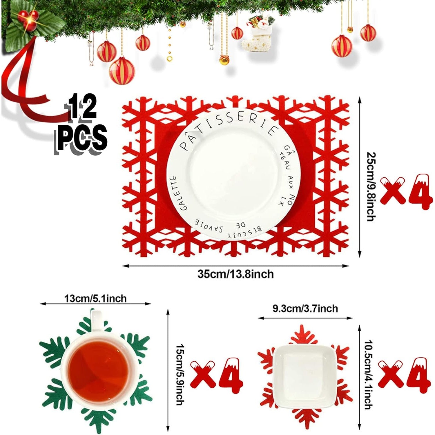 Set 12 Servete pentru Masa si Suporturi de Pahare/Tacamuri, Flippy, 4 Servete 25x35 cm, 4 Suporturi de 13x15 cm, 4 Suporturi de 9.3x10.5 cm, Verde-Rosu-7