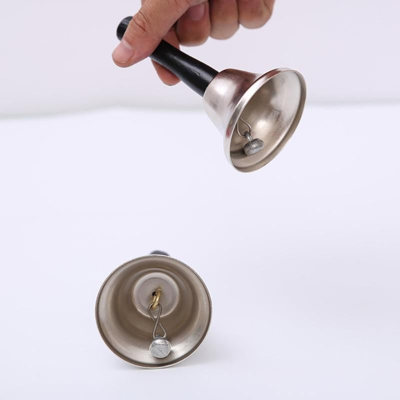 Clopotel de mana, argintiu, metalic, maner de lemn, lungime 12 cm, diametru 6.5 cm, Flippy-1