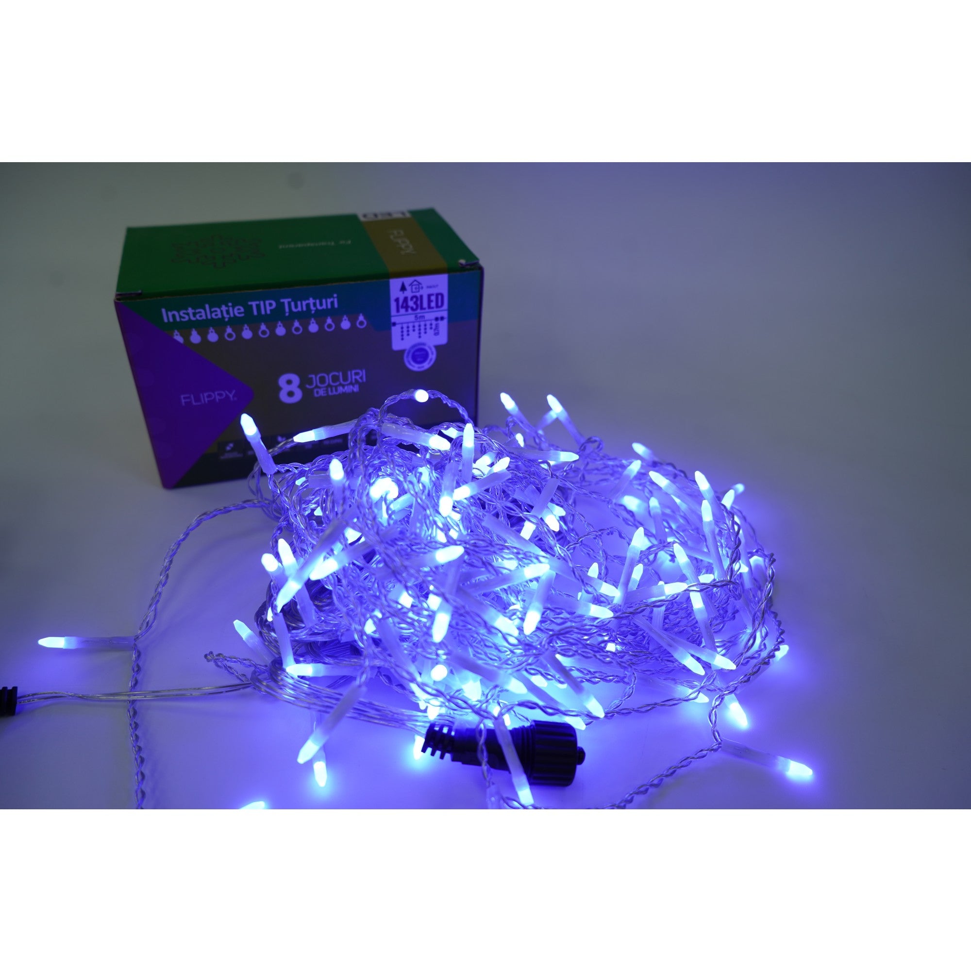 Componenta Instalatie Craciun,  Sectiune 5 m, 143 LED-uri, Franjuri, Albastru, 8 jocuri de lumini, Interconectabila, Fir Transparent, Flippy-2