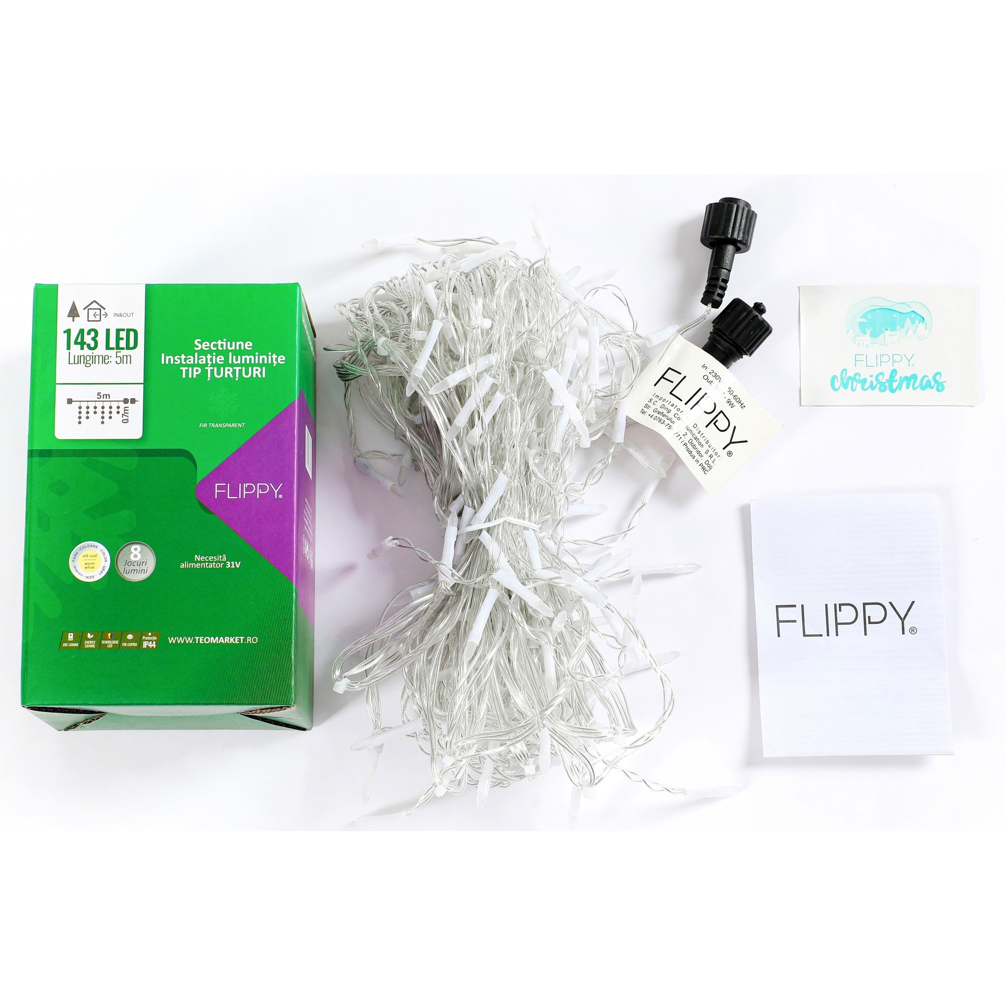 Componenta Instalatie de Craciun Flippy® Tip Franjuri, 8 jocuri de lumini, Sectiune 5 m, 143 LED-uri, Interconectabila, Fir Transparent, Alb Cald-1