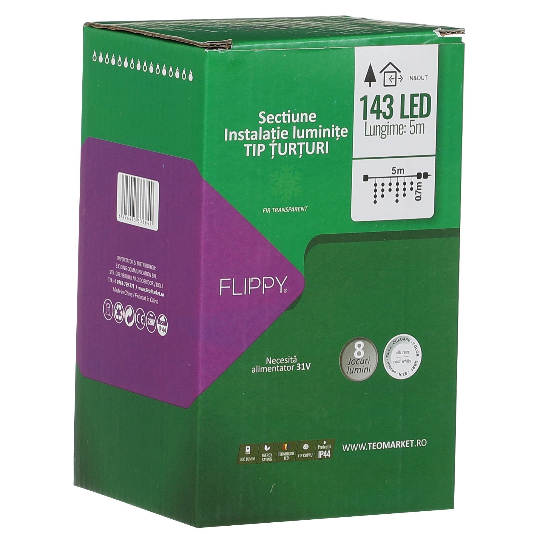 Componenta Instalatie de Craciun Flippy® Tip Franjuri, 8 jocuri de lumini Sectiune 5 m, 143 LED-uri, Interconectabila, Fir Transparent, Alb Rece, Nu contine Transformator !-1