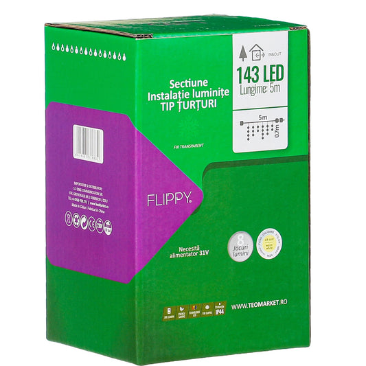 Componenta Instalatie de Craciun Flippy® Tip Franjuri, 8 jocuri de lumini, Sectiune 5 m, 143 LED-uri, Interconectabila, Fir Transparent, Alb Cald-0