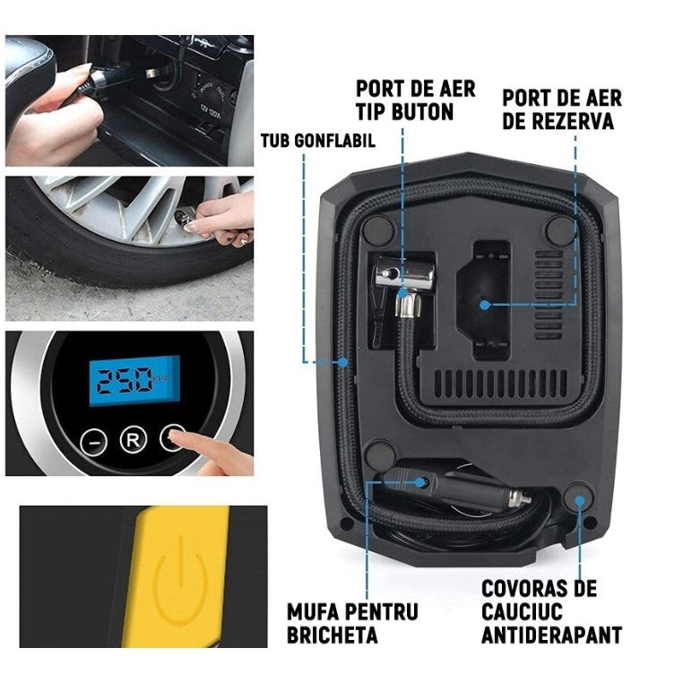 Compresor Auto Portabil cu Lanterna si Afisaj Electornic Flippy, DC 12V, 120W, 35L/min, Cablu de alimentare 3m, Pompa Biciclete, Moto, Mingi, Saltele, Max 10.3bar, lumina LED, Negru-2