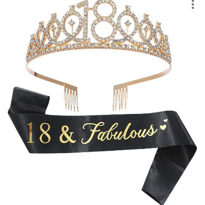 Set pentru Majorat, Flippy, Coronita Printesa Gold si Panglica 18&Fabulous, Negru-0